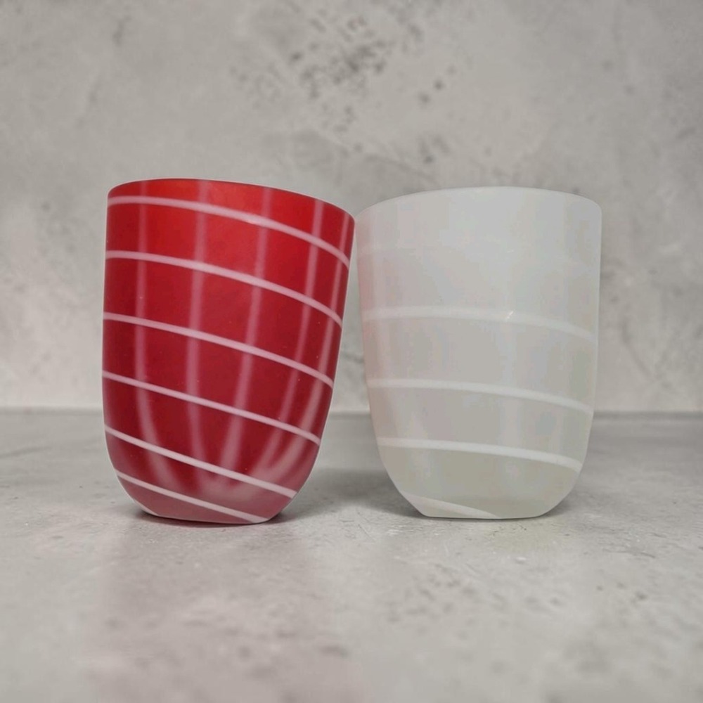 Starbucks Red & White Striped Votive Glass Tealight Candle Holder Set New in Box